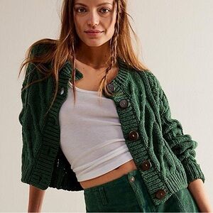Free People Cable Knit Green Button Cardigan - Never Worn
